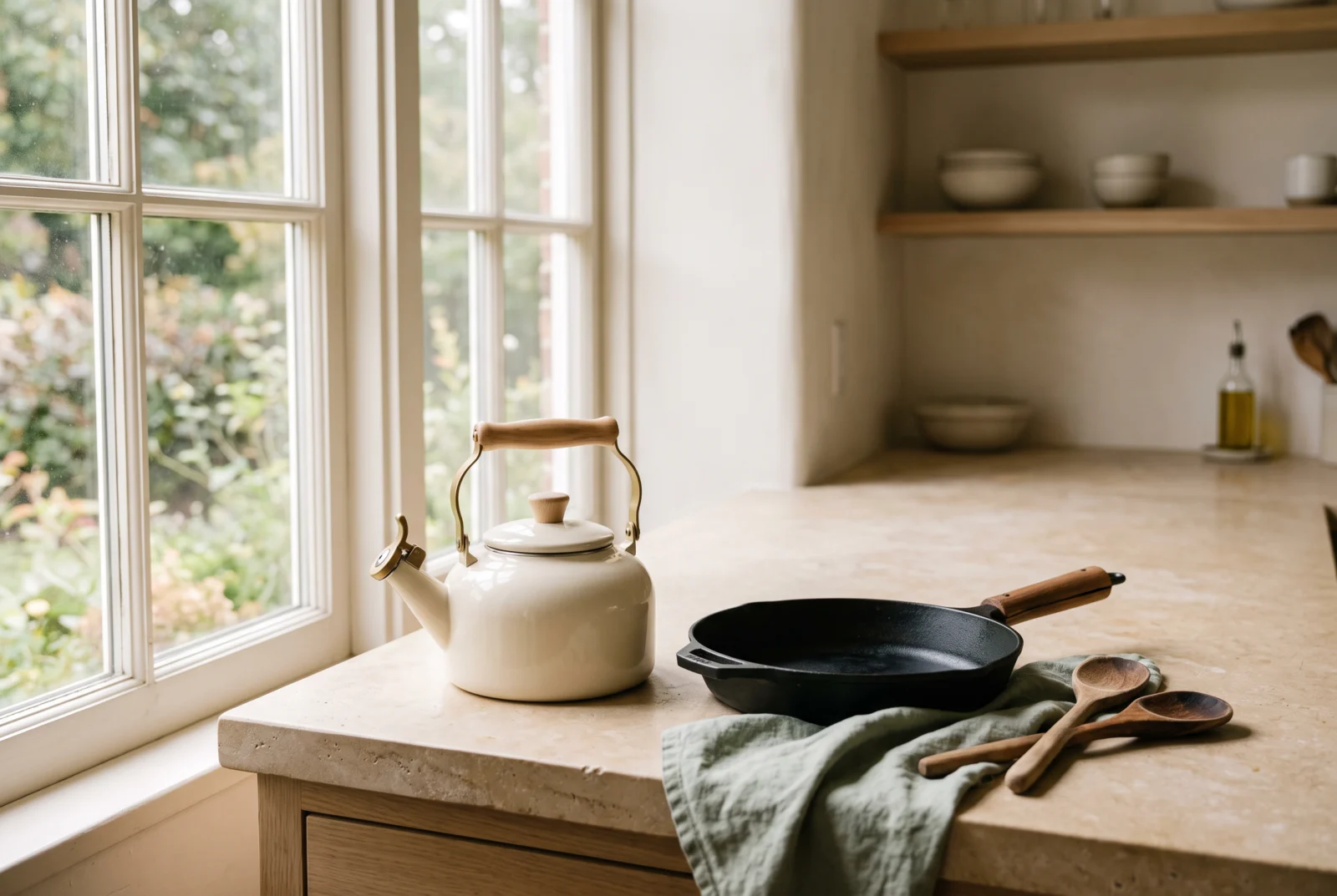 Clearspace Co. linen throw, ceramic candle and walnut tray