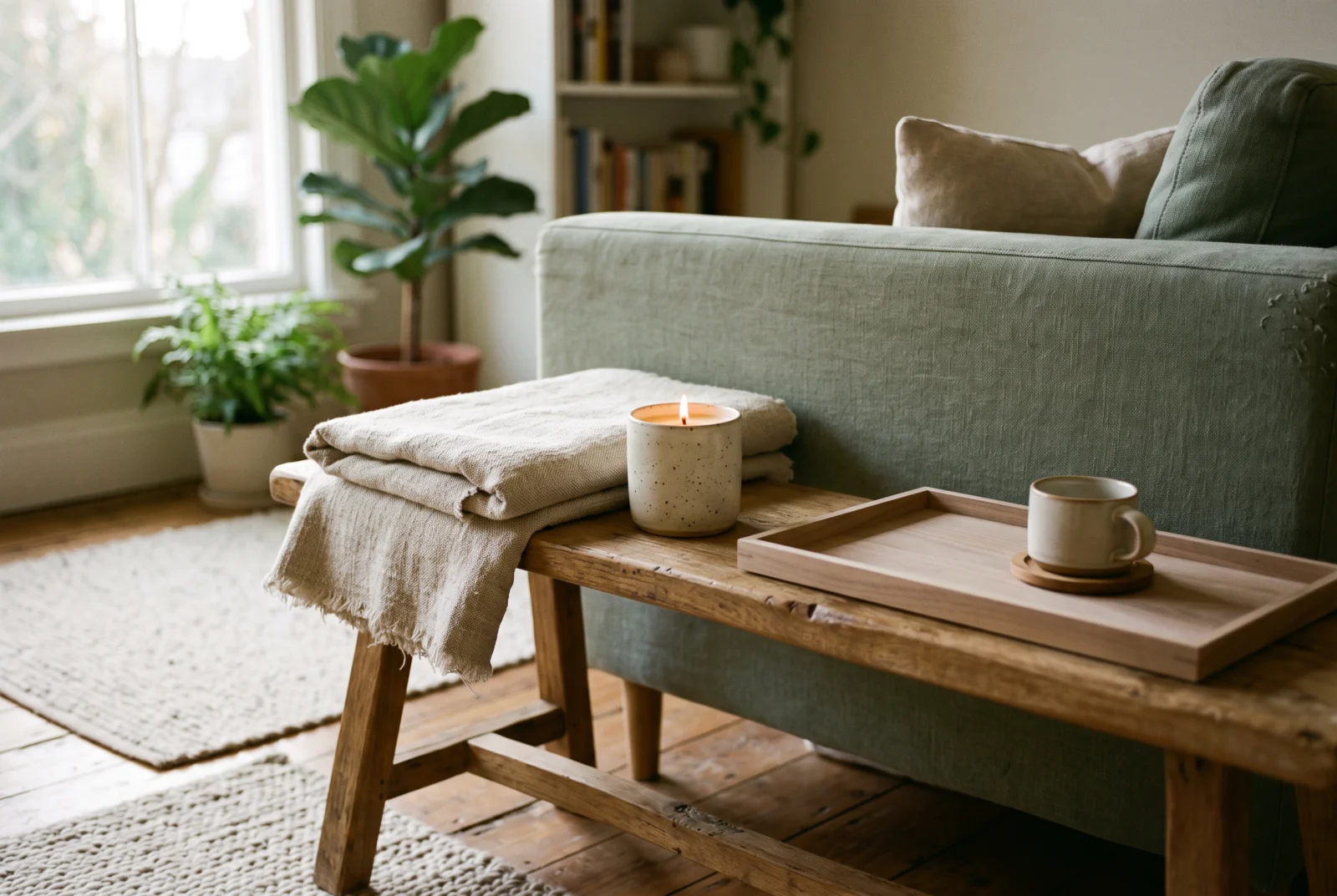 Clearspace Co. linen throw, ceramic candle and walnut tray