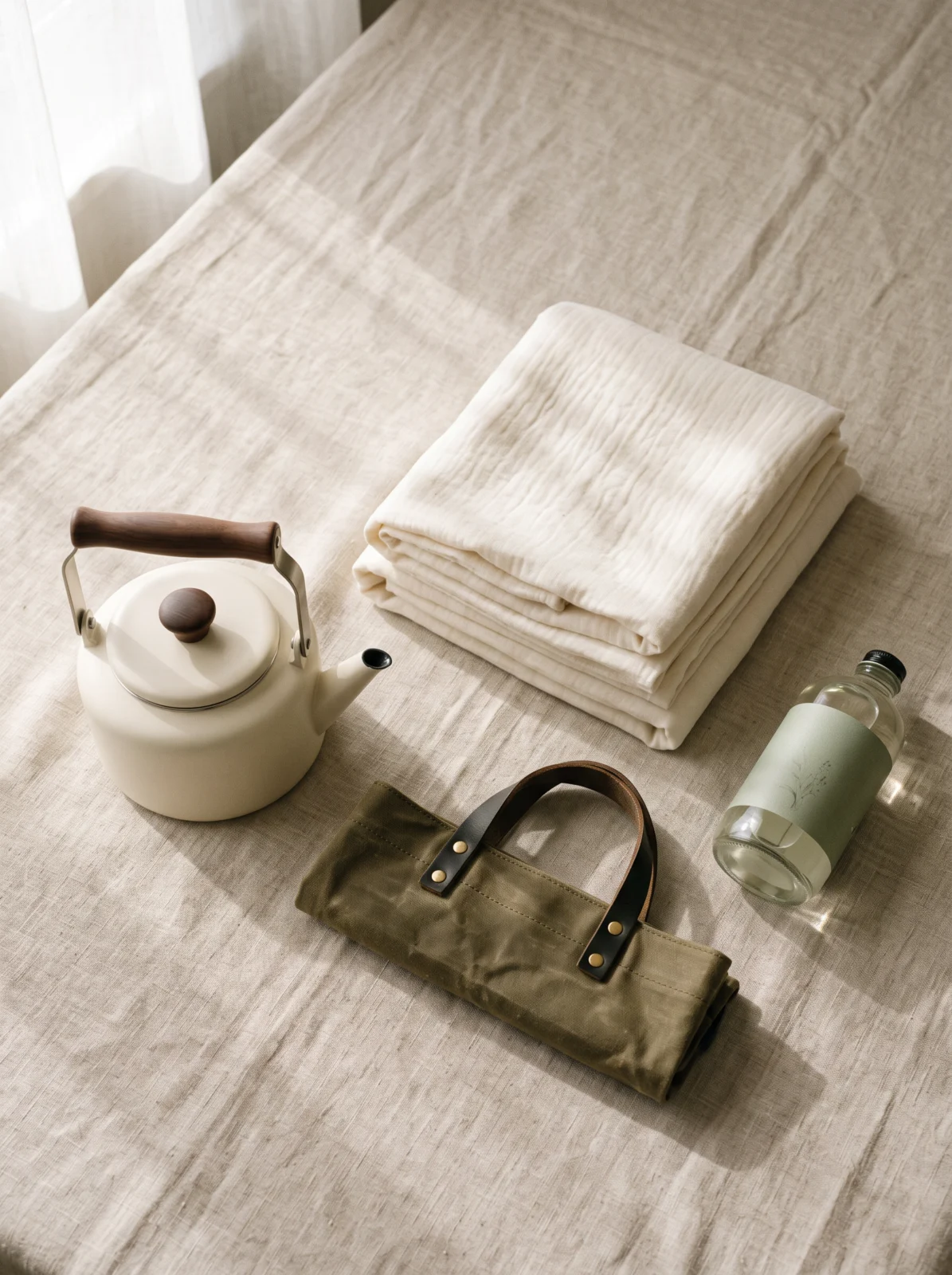 Flat-lay of a kettle, folded towels and a Lumen Co. canvas pouch on linen