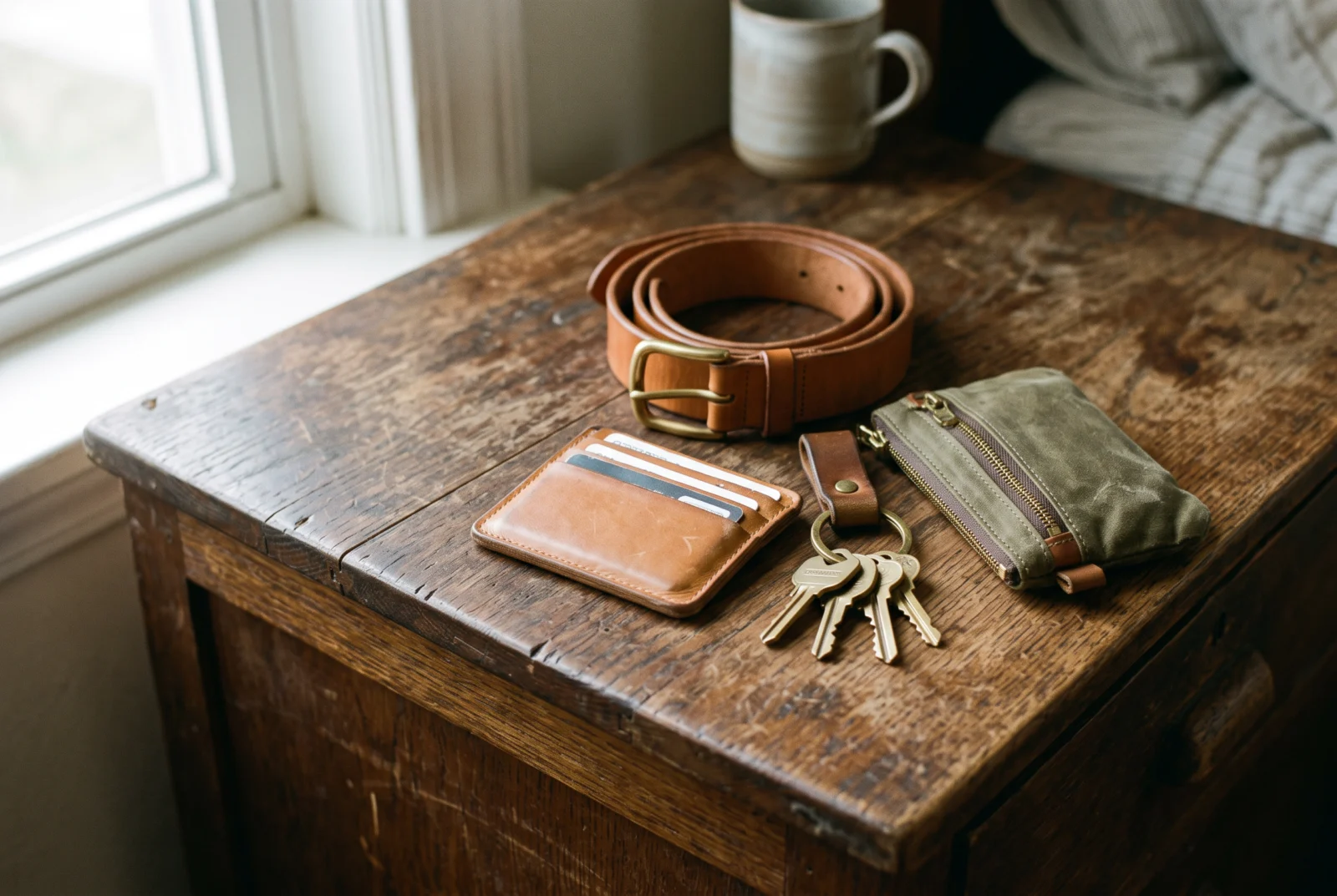 Lumen Co. leather belt, card wallet and canvas pouch