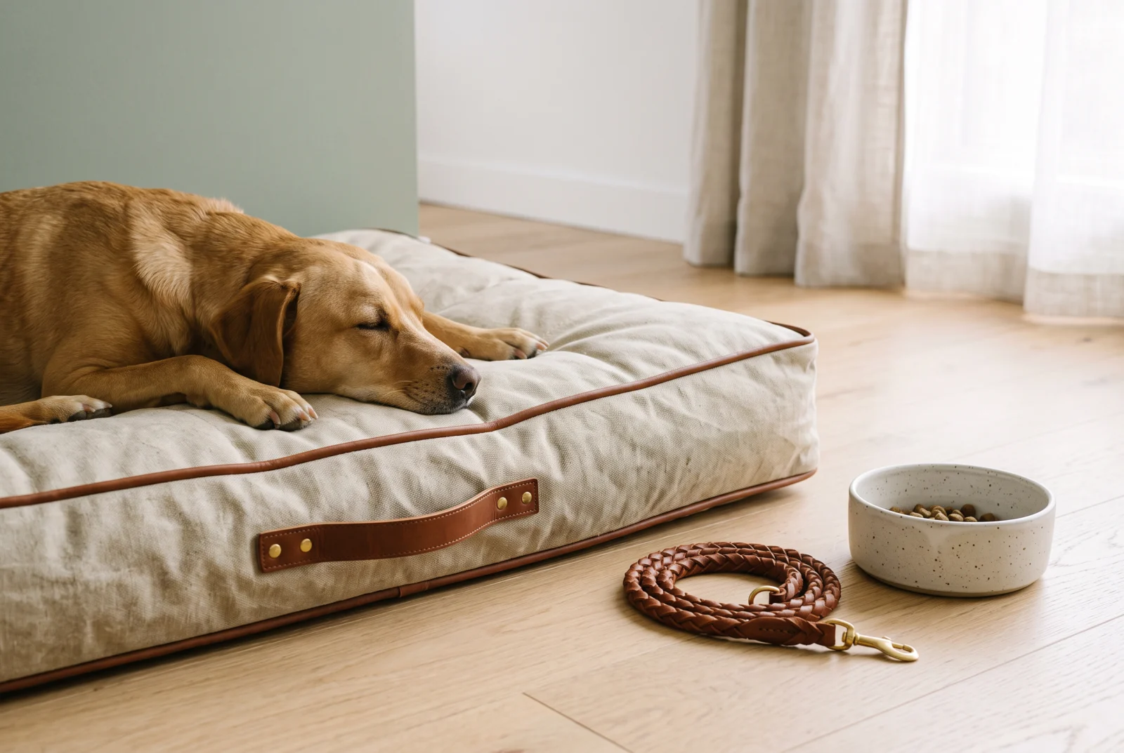 Pawmate Co. canvas dog bed, braided leash and stoneware bowl in morning light