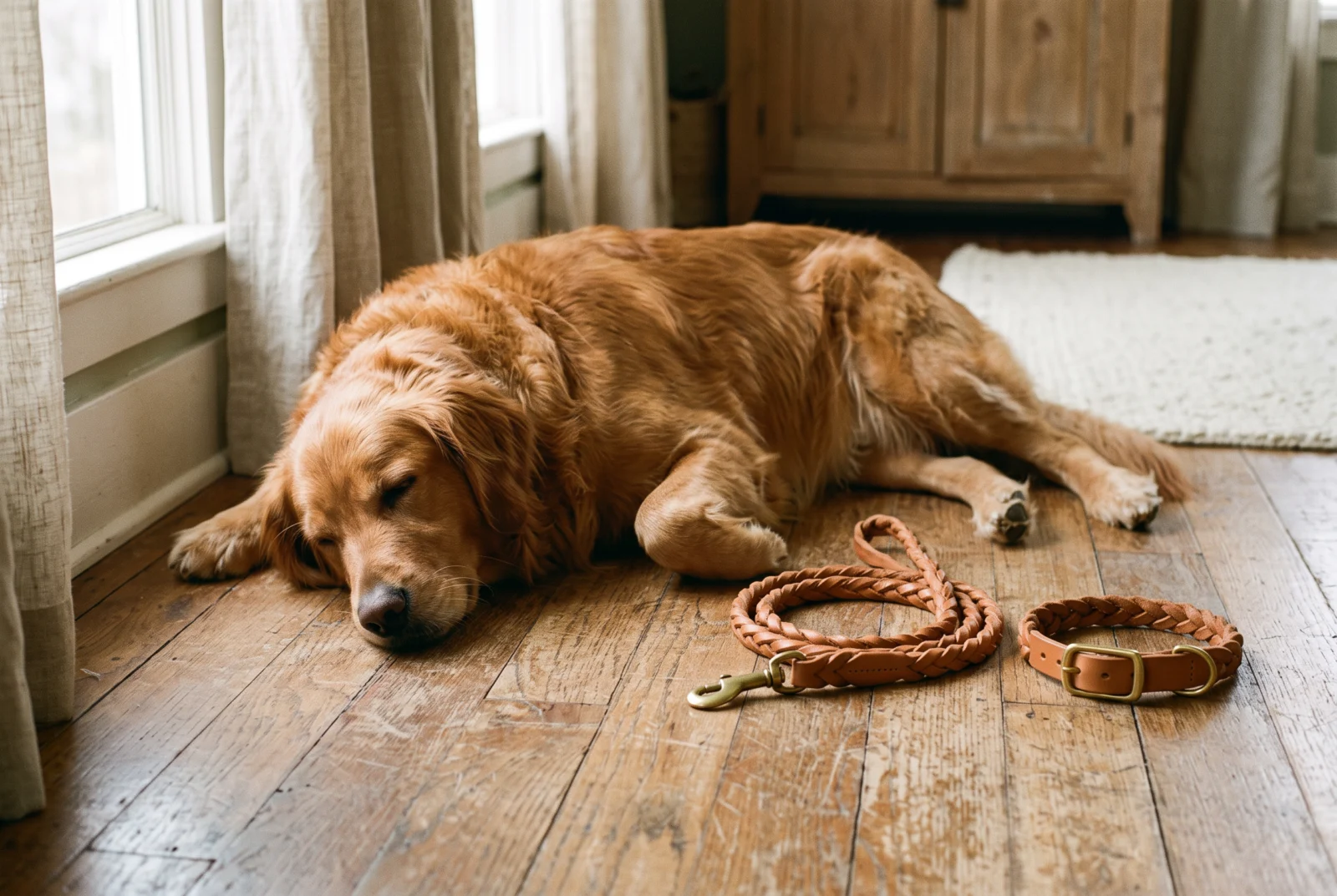 Golden retriever beside a braided Pawmate Co. leather leash