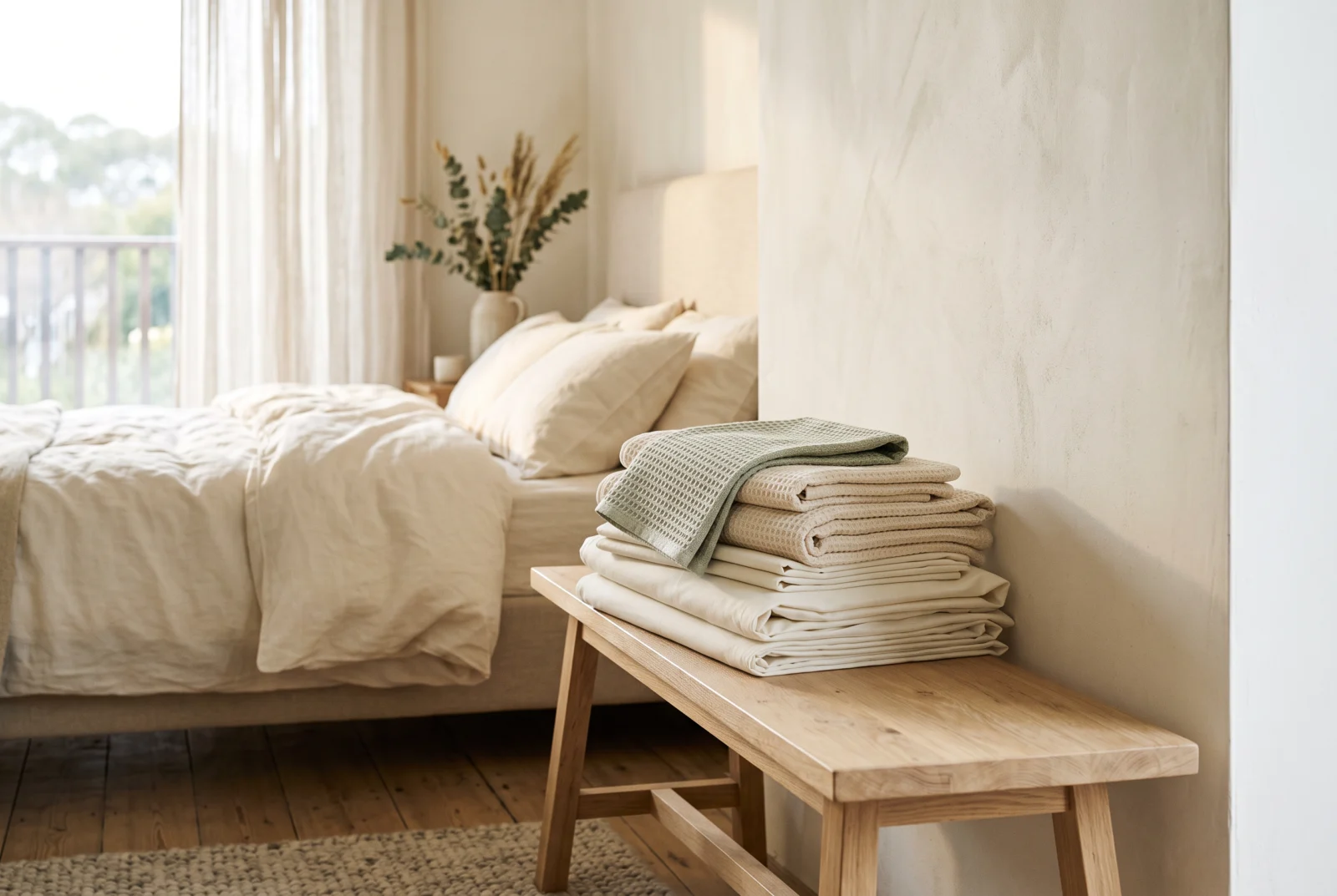 Clearspace Co. folded linens and throw on a wooden bench in morning light