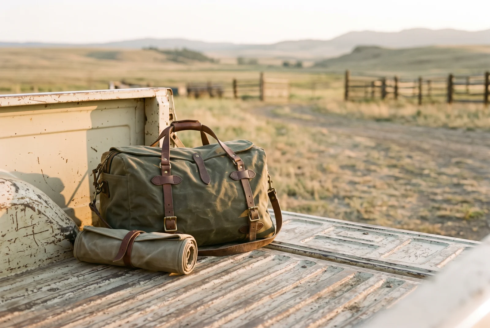 Lumen Co. waxed canvas duffel in a truck bed in late light