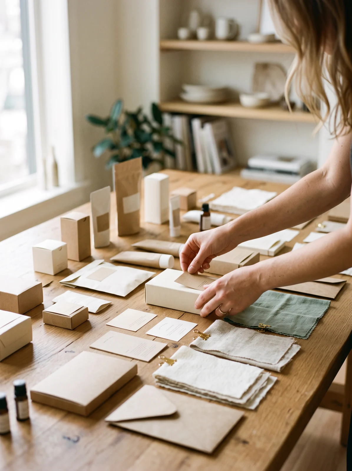 Packaging samples and swatches laid out on a long wood table