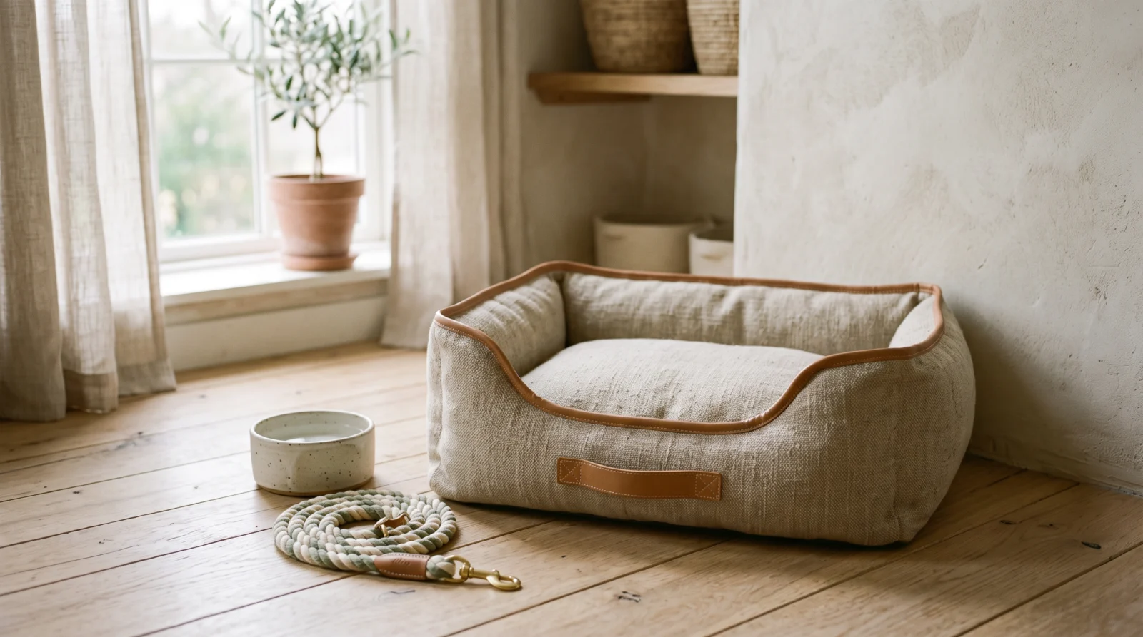 Pawmate Co. linen dog bed with leather trim, stoneware water bowl and rope leash